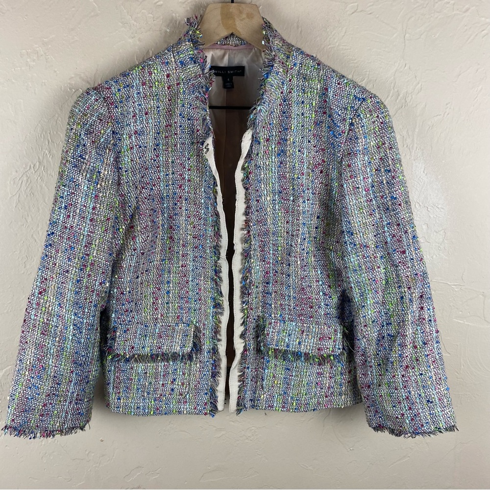 Willi Smith Tweed Blazer Size 4 Green Pink Blue Multicolor 3/4 Sleeve
